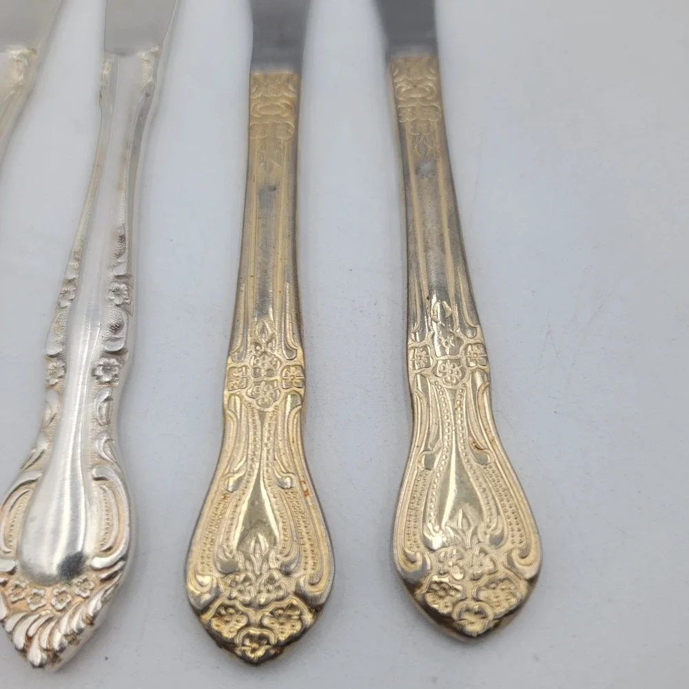 4pc Vintage Ornate Floral Scroll Dinner Knives Silver Gold Tone Mixed Set